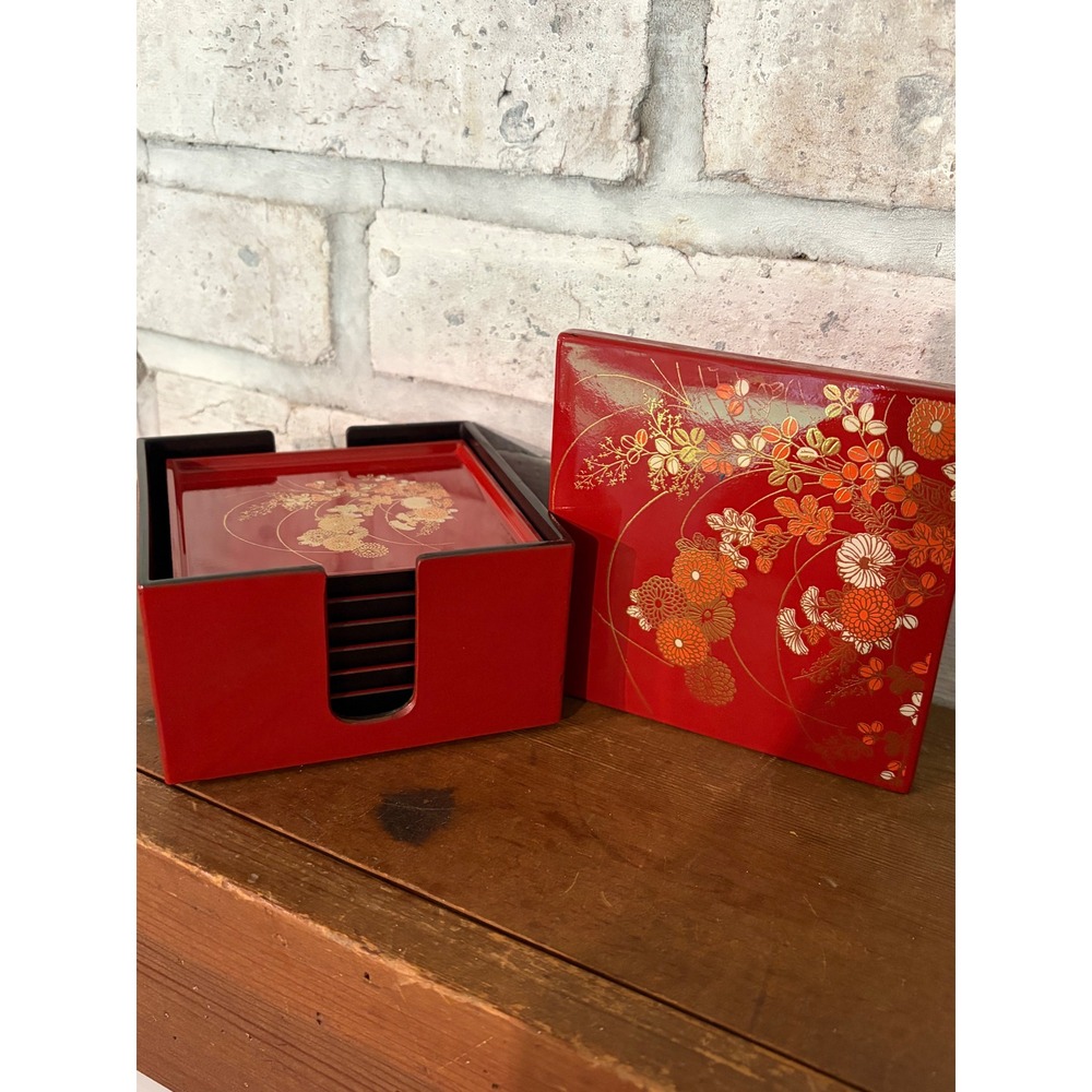 Vintage Otagiri Japan Lacquerware Coasters Red & Gold Floral Set of 6 w/ Case